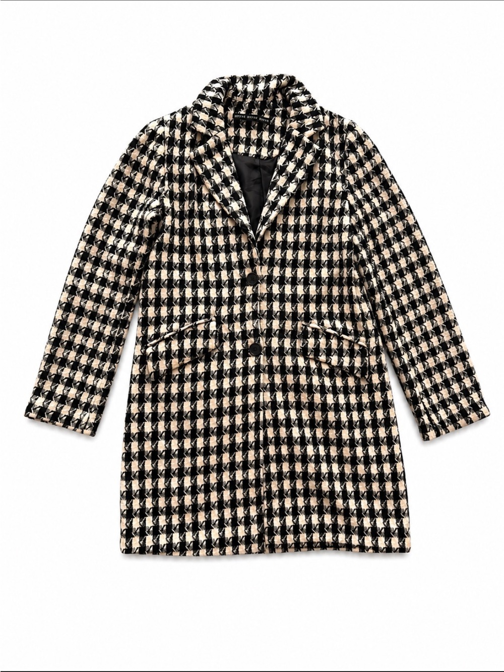 Womens Houndstooth Single-Breasted Coat - Black & Cream